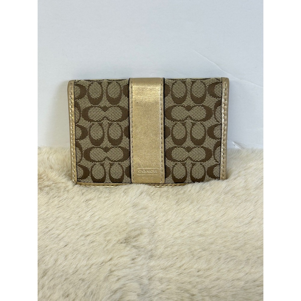 Coach Signature Monogram Bifold Card Case Metallic Gold Leather ID Wallet